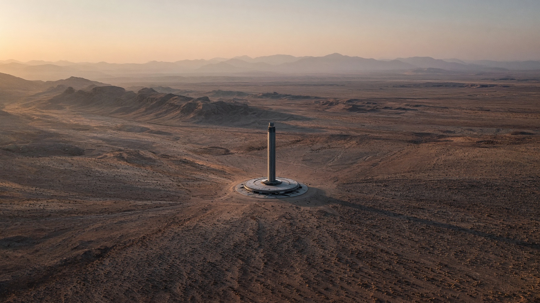 Aerial of the compact tower podium in open desert