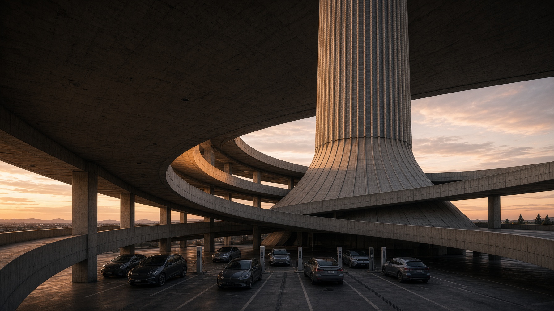 Multi-level parking podium at the tower base